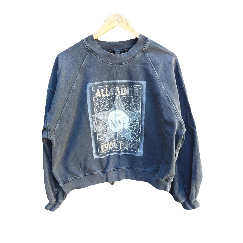 AllSaints Sweatshirt Women's Large Black Polestar Tayla Skull Graphic Cropped
